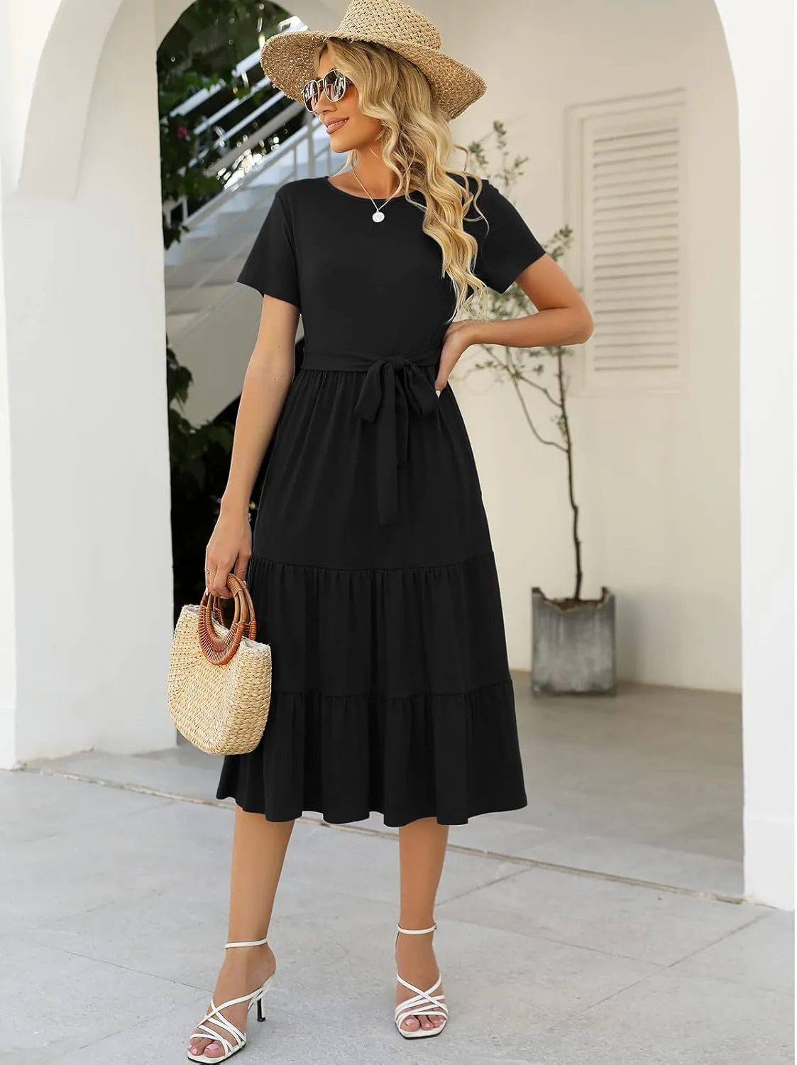 Lyrur Women's Dresses Casual Summer Tiered Midi Dress Short Sleeve Belted Ruffle Babydoll Boho Sundress with Pockets