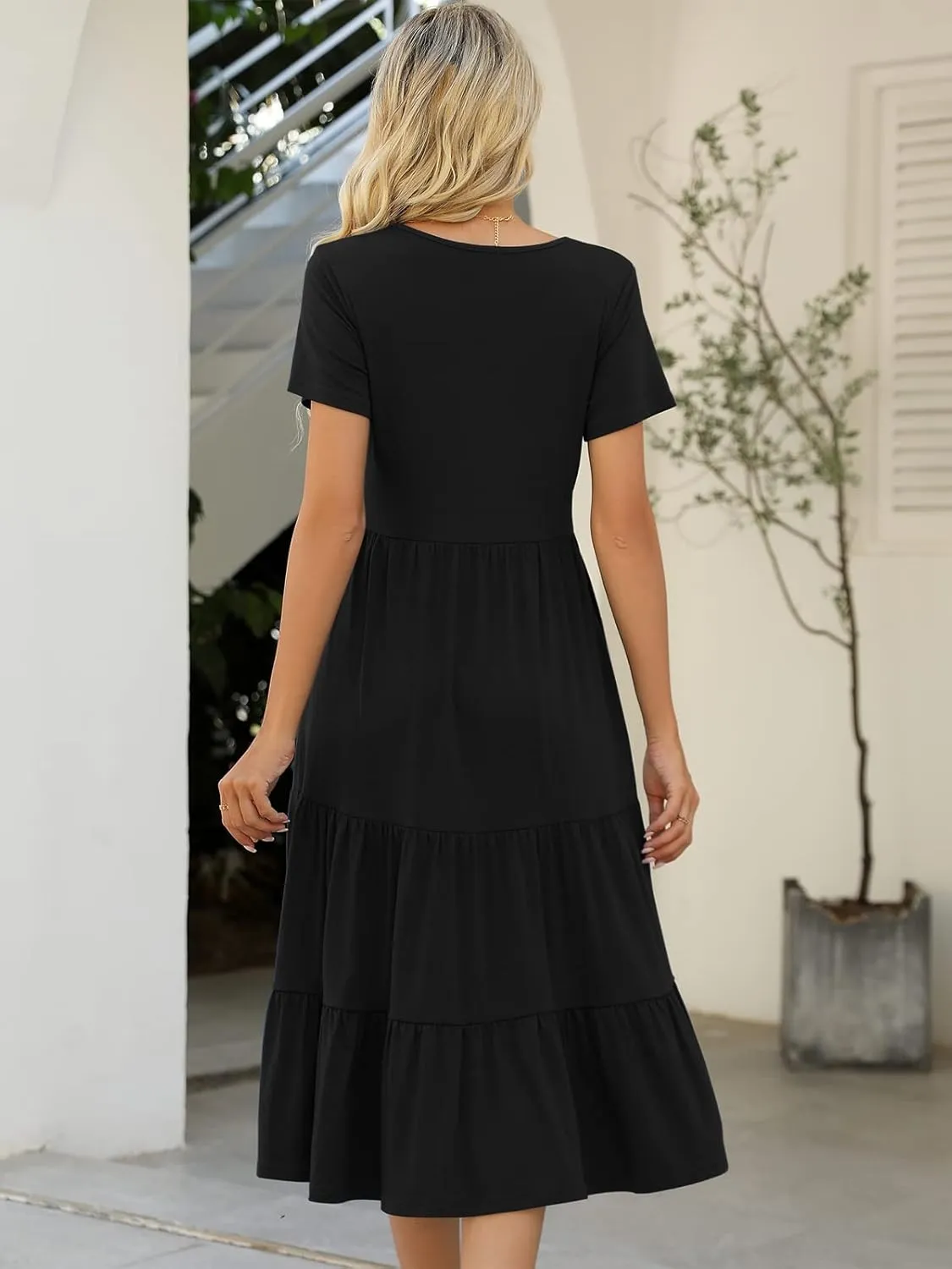 Lyrur Women's Dresses Casual Summer Tiered Midi Dress Short Sleeve Belted Ruffle Babydoll Boho Sundress with Pockets