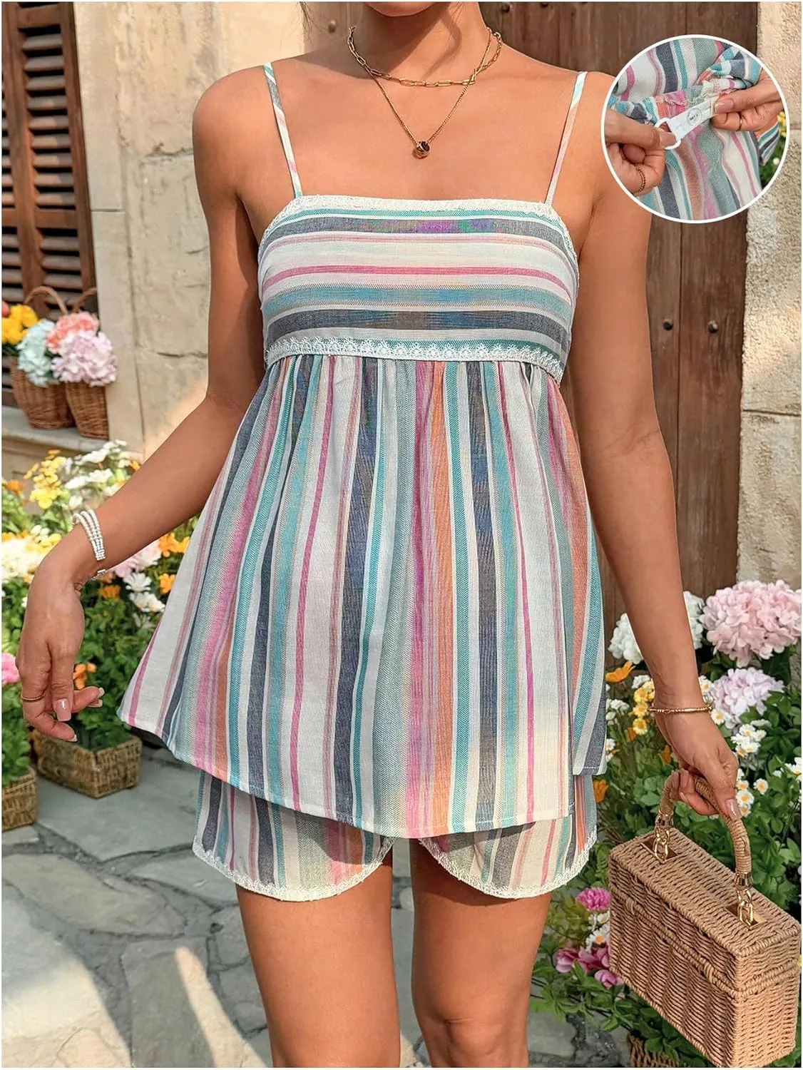 MakeMeChic Women's Maternity 2 Piece Outfits Striped Lace Trim Shirred Cami and Shorts Pregnancy Set