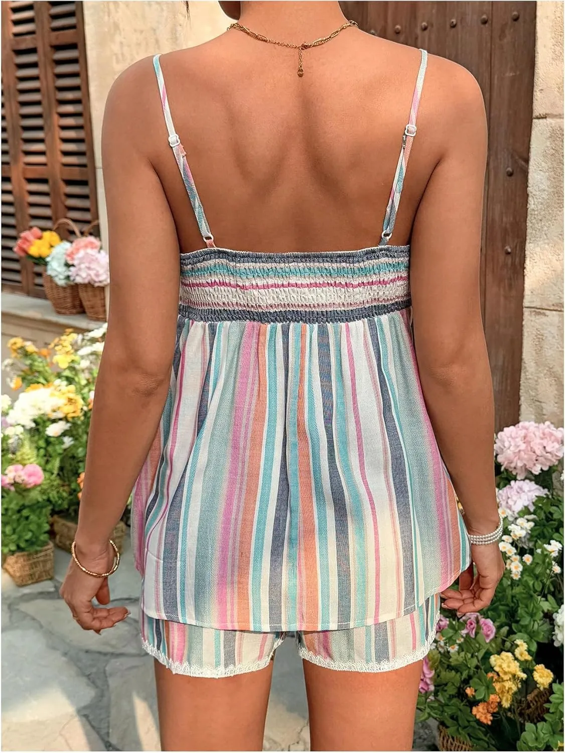 MakeMeChic Women's Maternity 2 Piece Outfits Striped Lace Trim Shirred Cami and Shorts Pregnancy Set