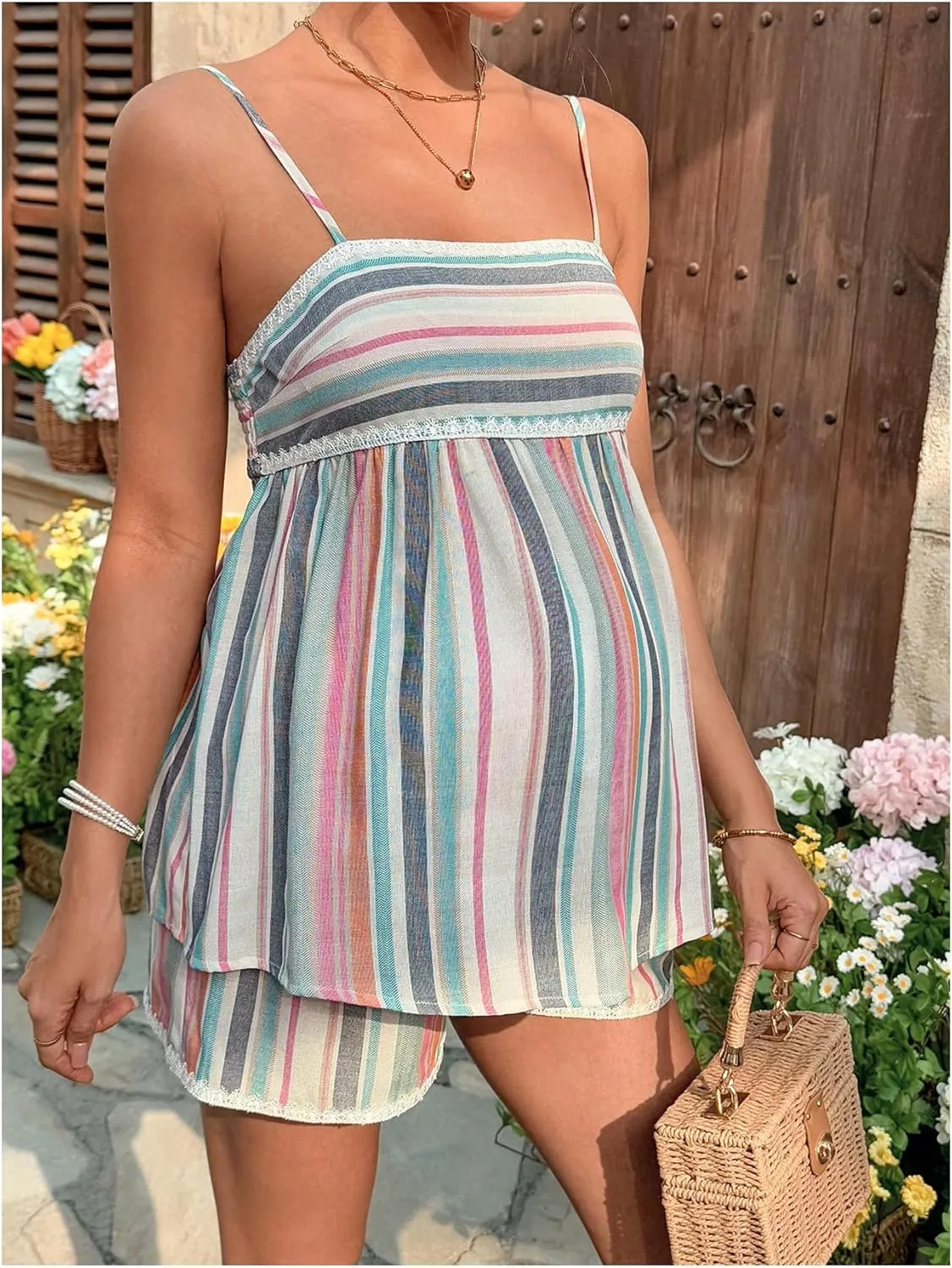 MakeMeChic Women's Maternity 2 Piece Outfits Striped Lace Trim Shirred Cami and Shorts Pregnancy Set