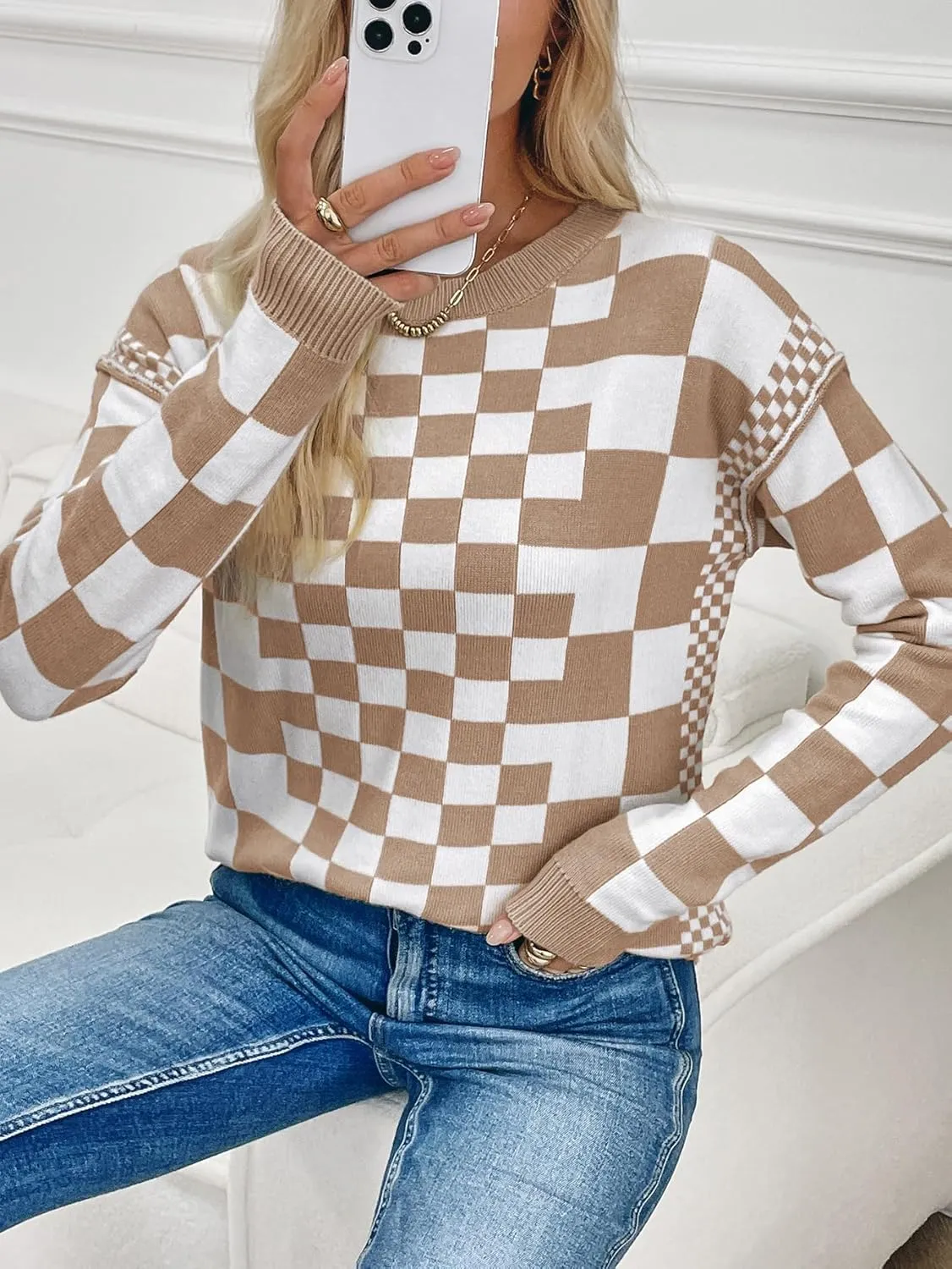 MARZXIN Women's 2025 Fall Casual Long Sleeve Sweaters Checkered Print Drop Crewneck Pullover Tops