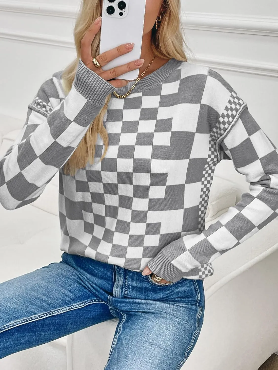 MARZXIN Women's 2025 Fall Casual Long Sleeve Sweaters Checkered Print Drop Crewneck Pullover Tops