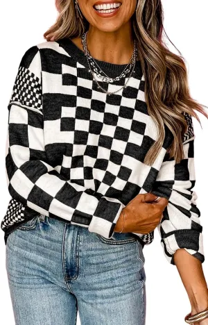 MARZXIN Women's 2025 Fall Casual Long Sleeve Sweaters Checkered Print Drop Crewneck Pullover Tops