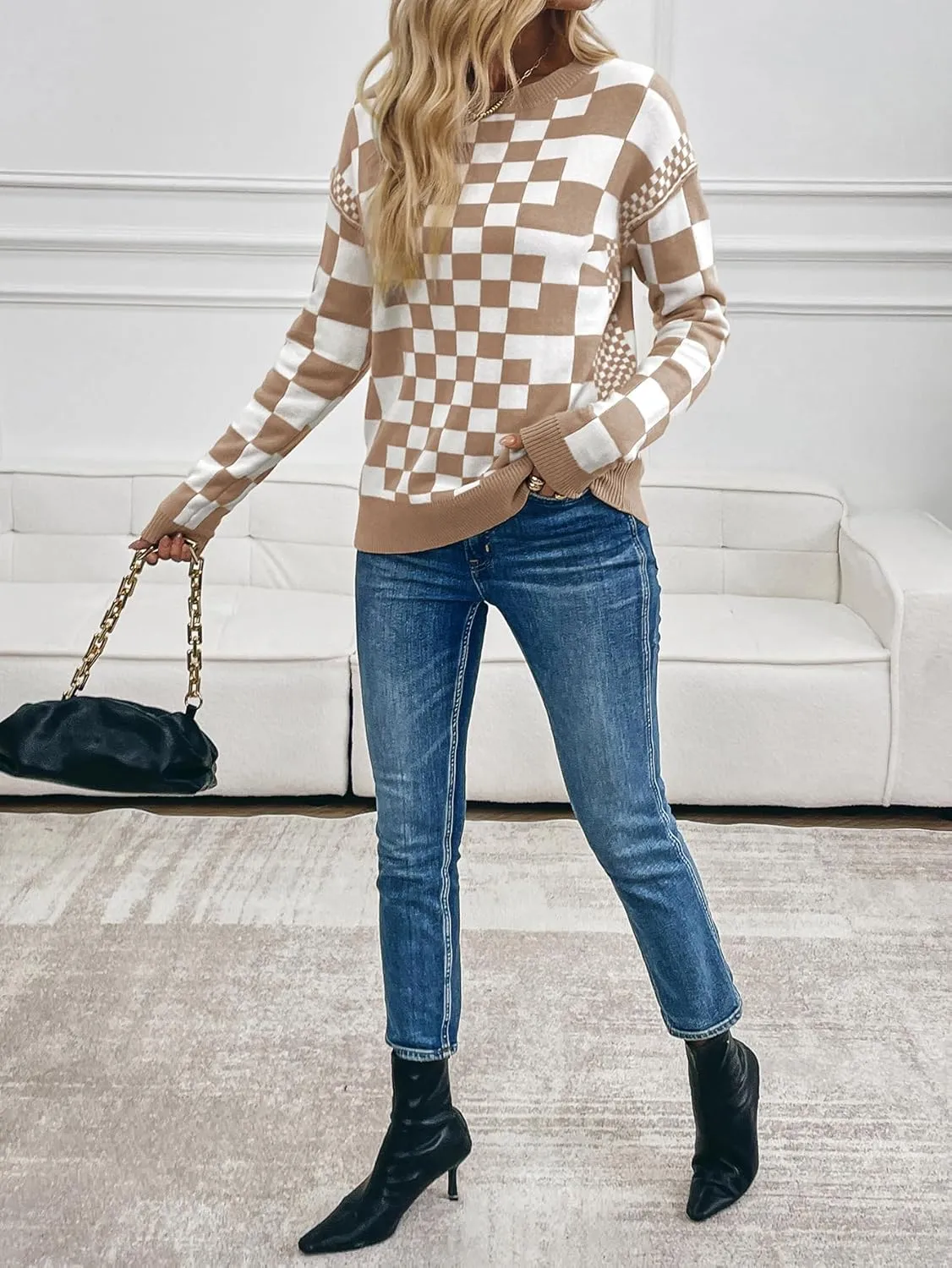 MARZXIN Women's 2025 Fall Casual Long Sleeve Sweaters Checkered Print Drop Crewneck Pullover Tops