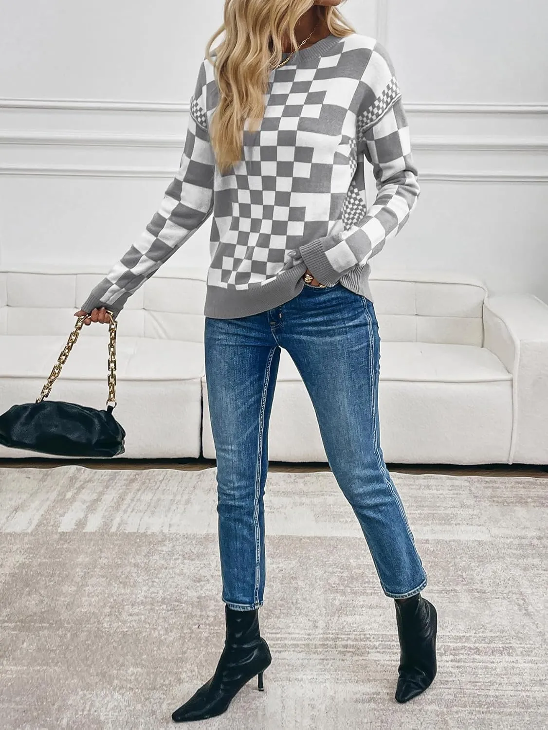 MARZXIN Women's 2025 Fall Casual Long Sleeve Sweaters Checkered Print Drop Crewneck Pullover Tops