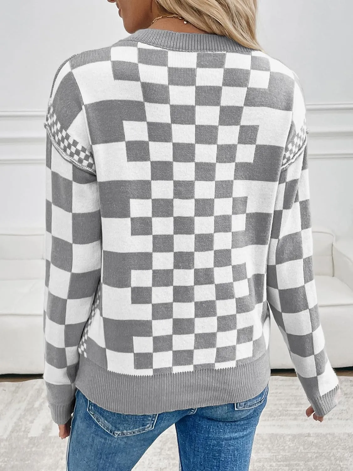 MARZXIN Women's 2025 Fall Casual Long Sleeve Sweaters Checkered Print Drop Crewneck Pullover Tops