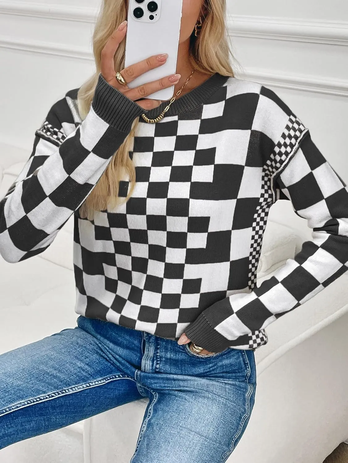 MARZXIN Women's 2025 Fall Casual Long Sleeve Sweaters Checkered Print Drop Crewneck Pullover Tops