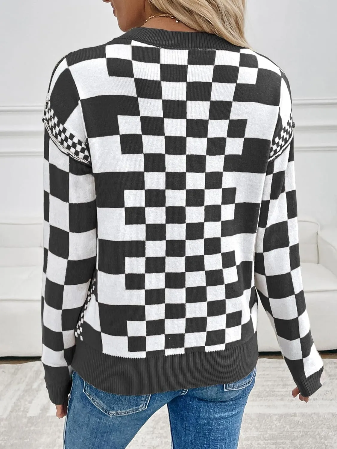 MARZXIN Women's 2025 Fall Casual Long Sleeve Sweaters Checkered Print Drop Crewneck Pullover Tops
