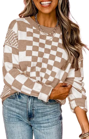 MARZXIN Women's 2025 Fall Casual Long Sleeve Sweaters Checkered Print Drop Crewneck Pullover Tops