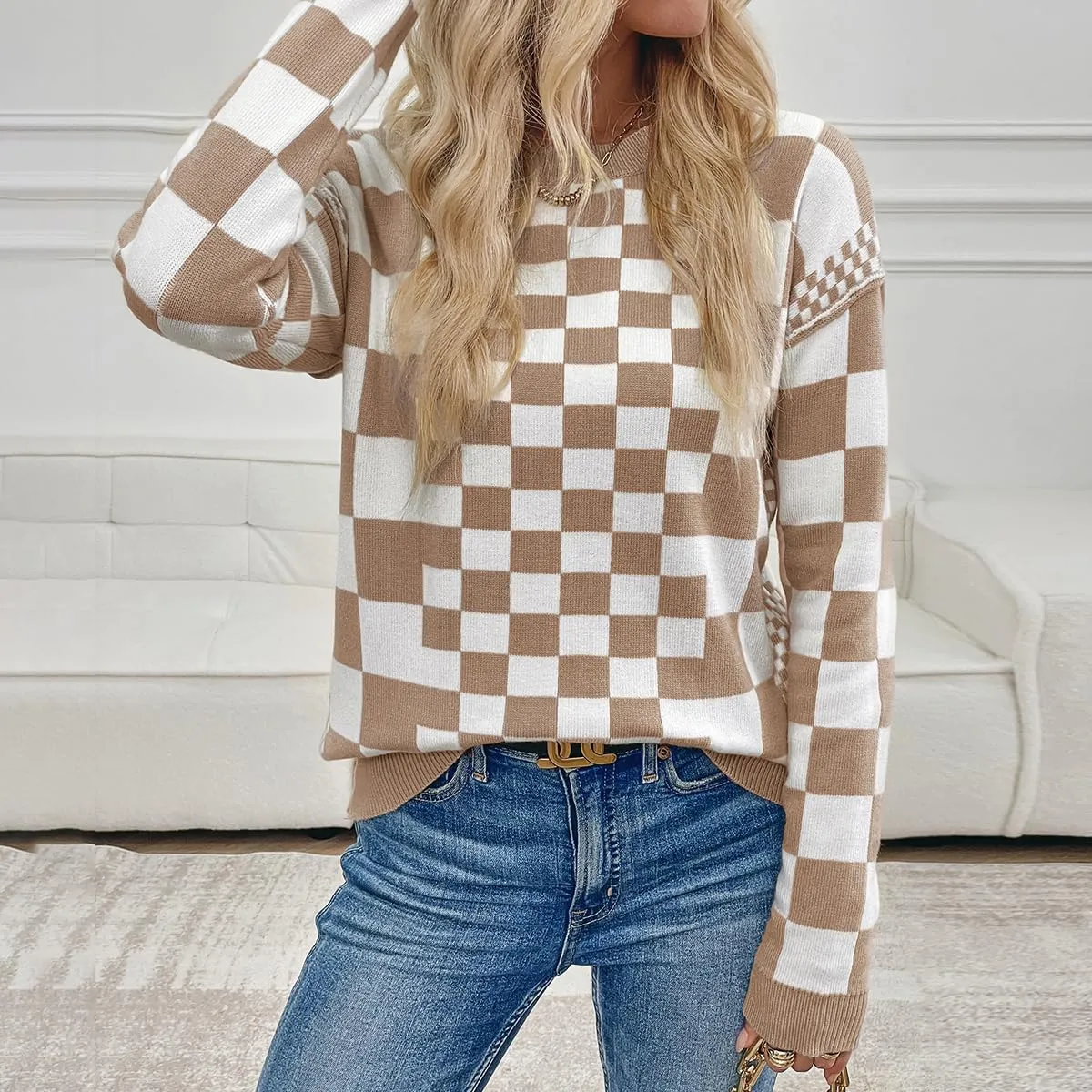 MARZXIN Women's 2025 Fall Casual Long Sleeve Sweaters Checkered Print Drop Crewneck Pullover Tops