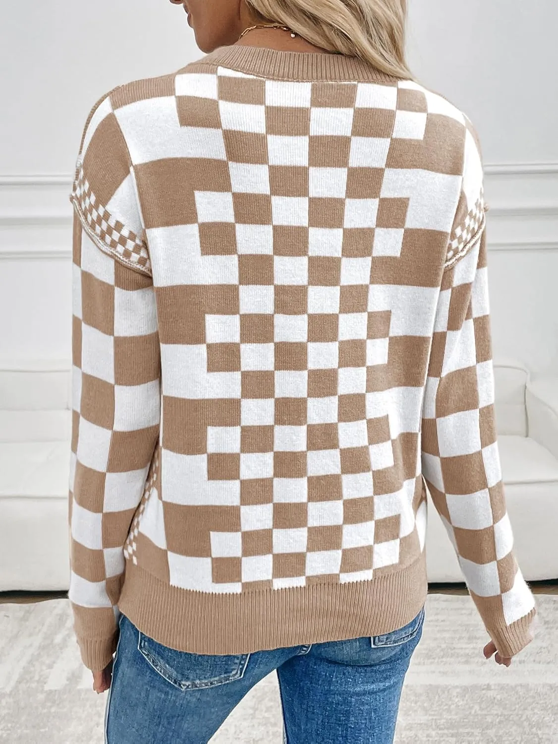MARZXIN Women's 2025 Fall Casual Long Sleeve Sweaters Checkered Print Drop Crewneck Pullover Tops