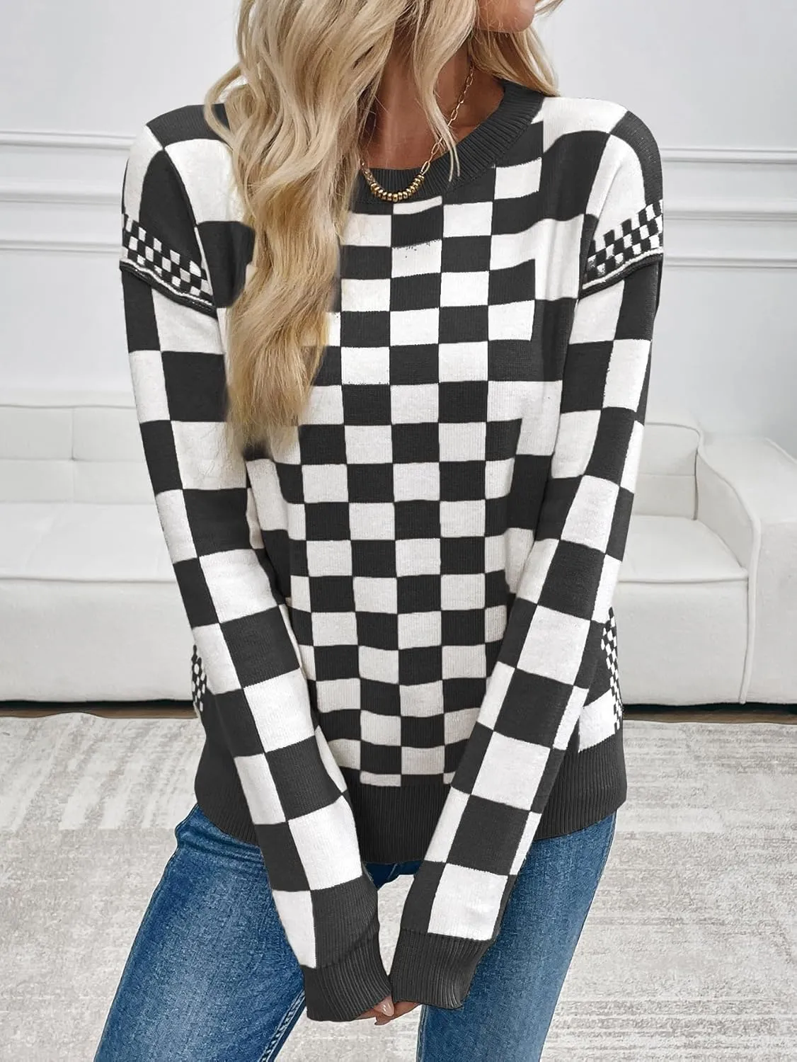 MARZXIN Women's 2025 Fall Casual Long Sleeve Sweaters Checkered Print Drop Crewneck Pullover Tops