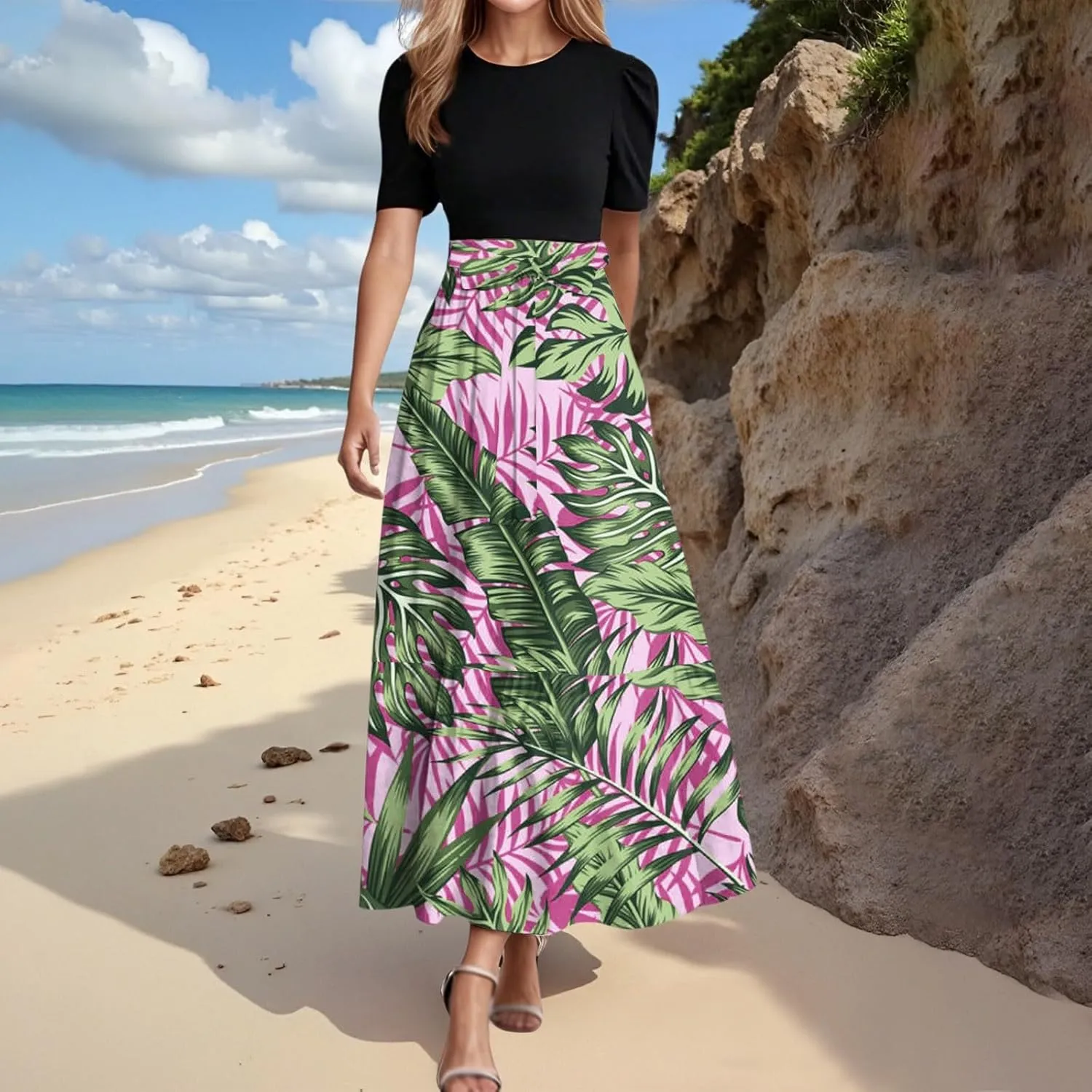 Maxi Dresses for Women 2025 Elegant Boho Tie Belted Patchwork Empire Waist Short Sleeve Modest Flowy Long Dresses