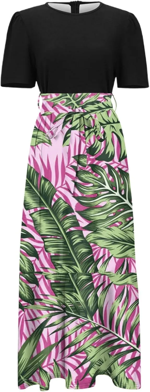 Maxi Dresses for Women 2025 Elegant Boho Tie Belted Patchwork Empire Waist Short Sleeve Modest Flowy Long Dresses
