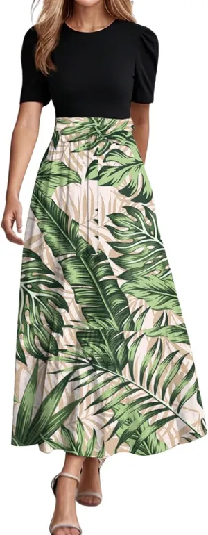 Maxi Dresses for Women 2025 Elegant Boho Tie Belted Patchwork Empire Waist Short Sleeve Modest Flowy Long Dresses