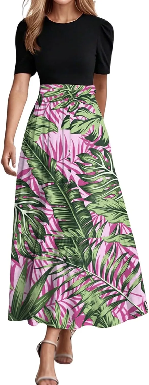 Maxi Dresses for Women 2025 Elegant Boho Tie Belted Patchwork Empire Waist Short Sleeve Modest Flowy Long Dresses