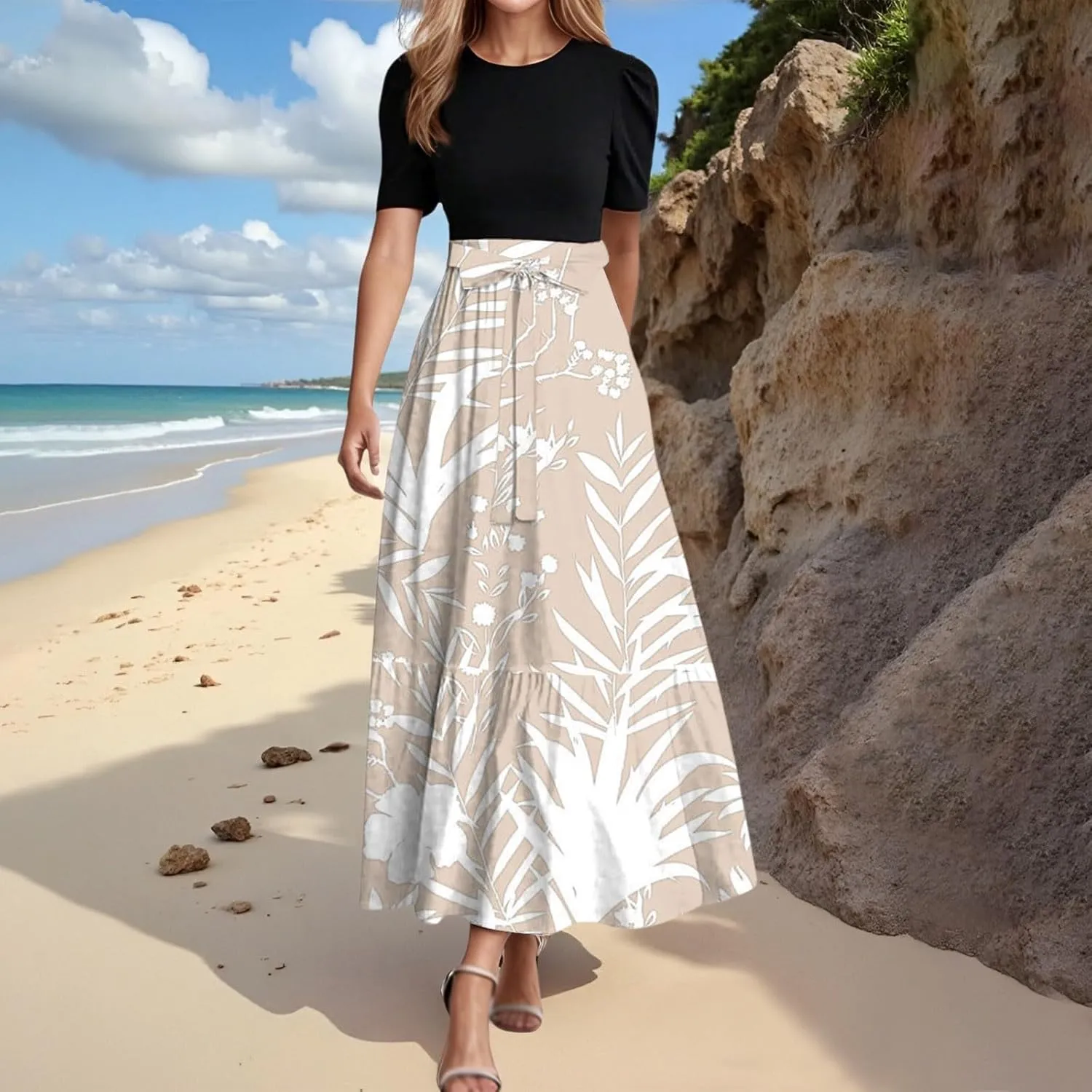 Maxi Dresses for Women 2025 Elegant Boho Tie Belted Patchwork Empire Waist Short Sleeve Modest Flowy Long Dresses