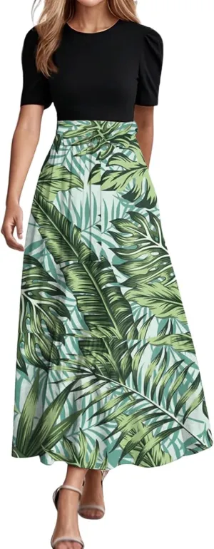 Maxi Dresses for Women 2025 Elegant Boho Tie Belted Patchwork Empire Waist Short Sleeve Modest Flowy Long Dresses