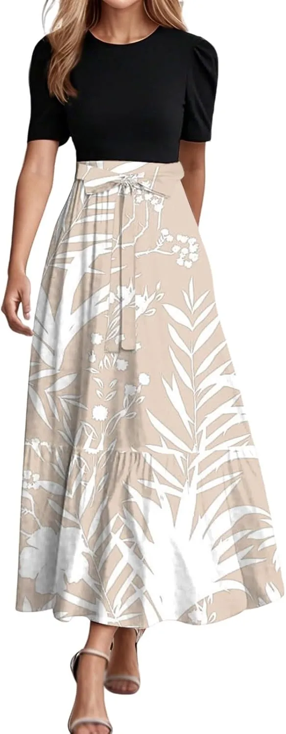 Maxi Dresses for Women 2025 Elegant Boho Tie Belted Patchwork Empire Waist Short Sleeve Modest Flowy Long Dresses
