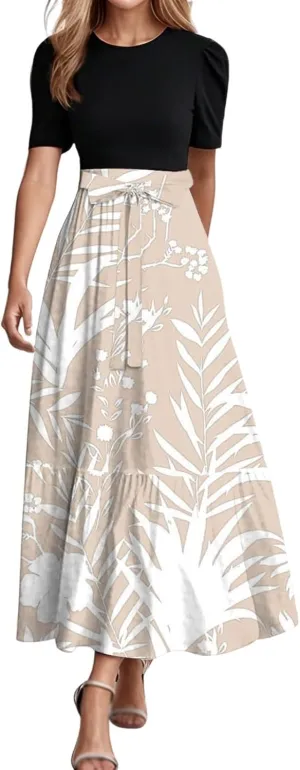 Maxi Dresses for Women 2025 Elegant Boho Tie Belted Patchwork Empire Waist Short Sleeve Modest Flowy Long Dresses