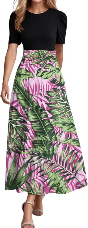 Maxi Dresses for Women 2025 Elegant Boho Tie Belted Patchwork Empire Waist Short Sleeve Modest Flowy Long Dresses