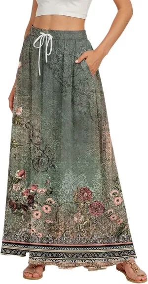 Maxi Floral Flare Skirts for Women 2025 Boho A Line Skirt Long Flowy Smocked High Elastic Waist Skort with Pockets