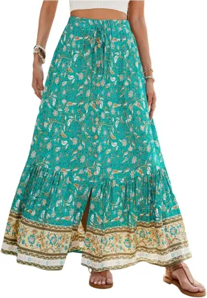 Maxi Floral Skirts for Women 2025 Elastic High Waist Tiered Pleated Skirt Button Down Drawstring Boho Flowy Skirts with Slit