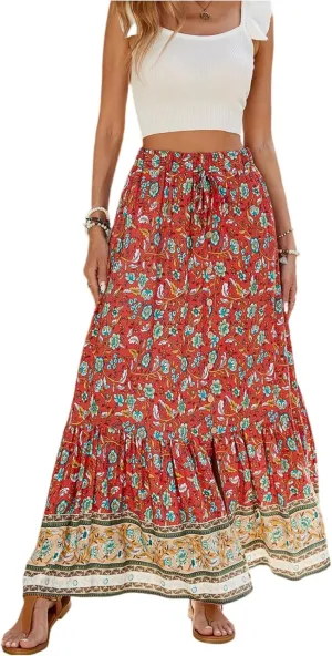 Maxi Floral Skirts for Women 2025 Elastic High Waist Tiered Pleated Skirt Button Down Drawstring Boho Flowy Skirts with Slit