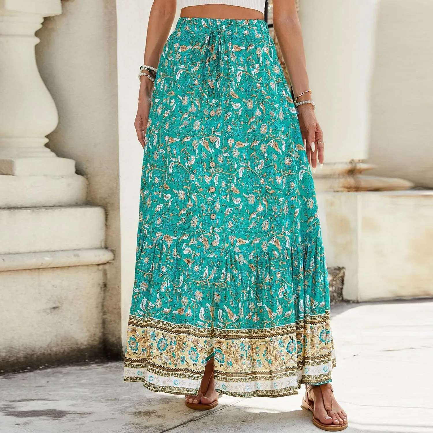 Maxi Floral Skirts for Women 2025 Elastic High Waist Tiered Pleated Skirt Button Down Drawstring Boho Flowy Skirts with Slit