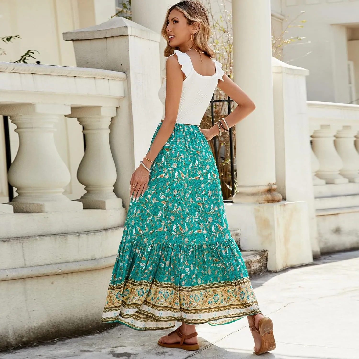 Maxi Floral Skirts for Women 2025 Elastic High Waist Tiered Pleated Skirt Button Down Drawstring Boho Flowy Skirts with Slit