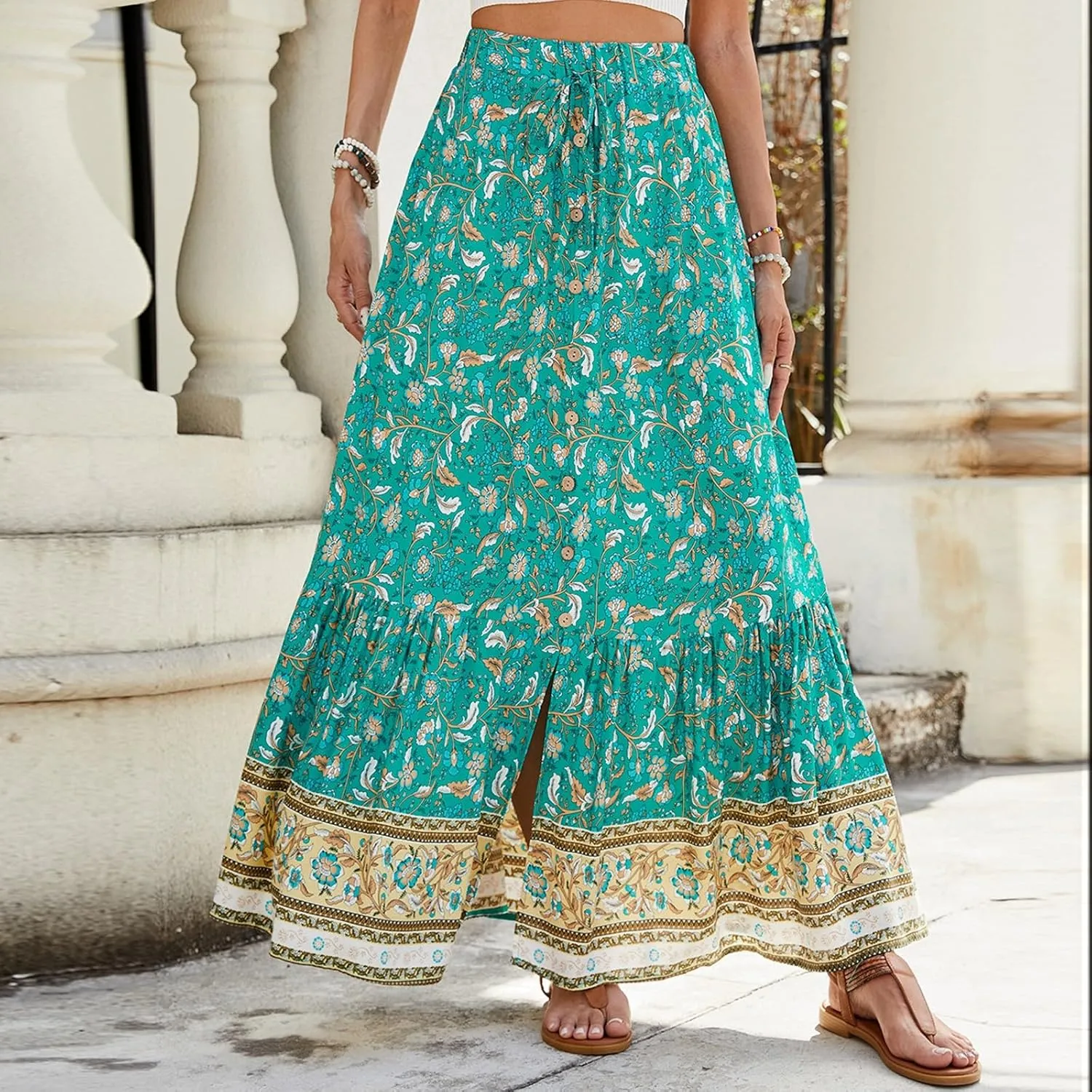Maxi Floral Skirts for Women 2025 Elastic High Waist Tiered Pleated Skirt Button Down Drawstring Boho Flowy Skirts with Slit