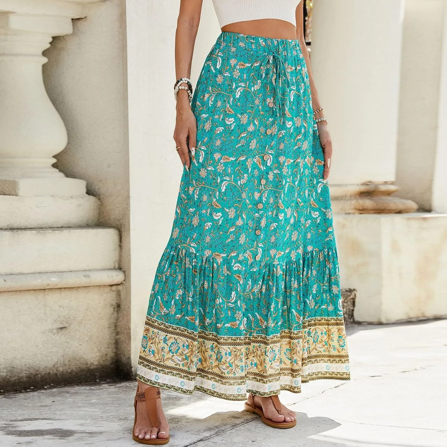 Maxi Floral Skirts for Women 2025 Elastic High Waist Tiered Pleated Skirt Button Down Drawstring Boho Flowy Skirts with Slit