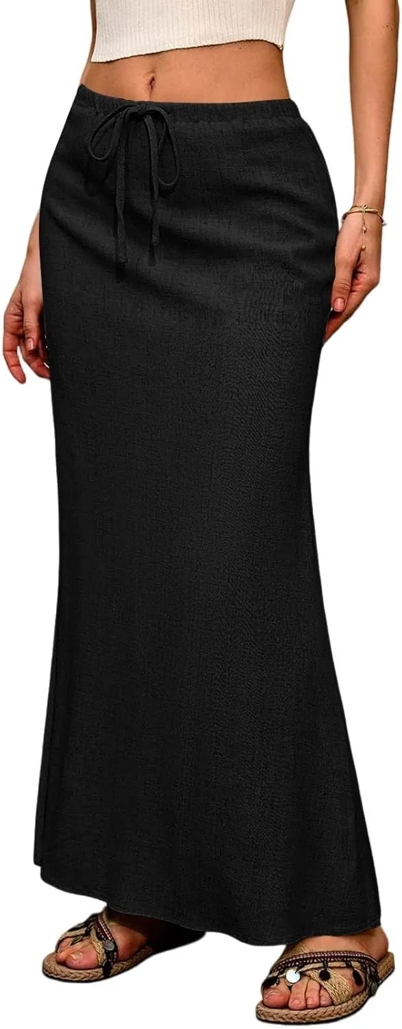 Maxi Linen Flare Skirts for Women Trendy Summer with Slit Drawstring Elastic Waist Low Rise Long Flowy A Line Skorts