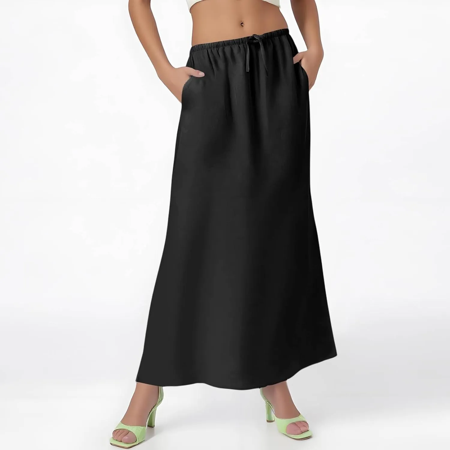 Maxi Linen Flare Skirts for Women Trendy Summer with Slit Drawstring Elastic Waist Low Rise Long Flowy A Line Skorts