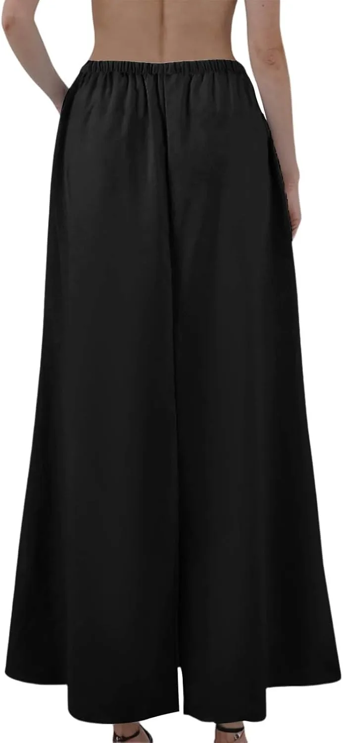 Maxi Linen Flare Skirts for Women Trendy Summer with Slit Drawstring Elastic Waist Low Rise Long Flowy A Line Skorts