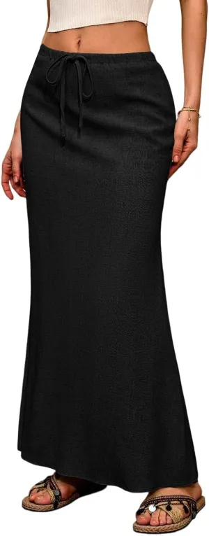 Maxi Linen Flare Skirts for Women Trendy Summer with Slit Drawstring Elastic Waist Low Rise Long Flowy A Line Skorts