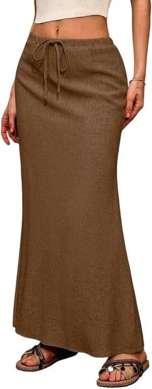 Maxi Skirt Cotton Linen Skirts for Women Summer Drawstring Elastic High Waisted Aline Skirt Slit Cute Long Skirt