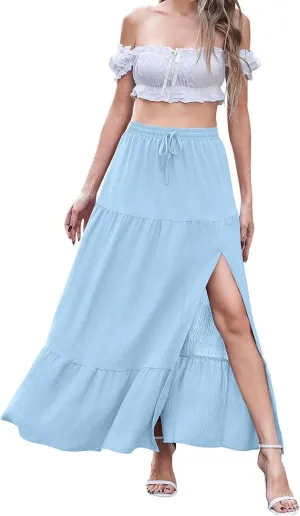Maxi Skirt for Women Slit Hem Elastic High Waist Solid Color A Line Boho Flowy Trendy Loose Casual Summer 2025