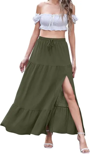 Maxi Skirt for Women Slit Hem Elastic High Waist Solid Color A Line Boho Flowy Trendy Loose Casual Summer 2025