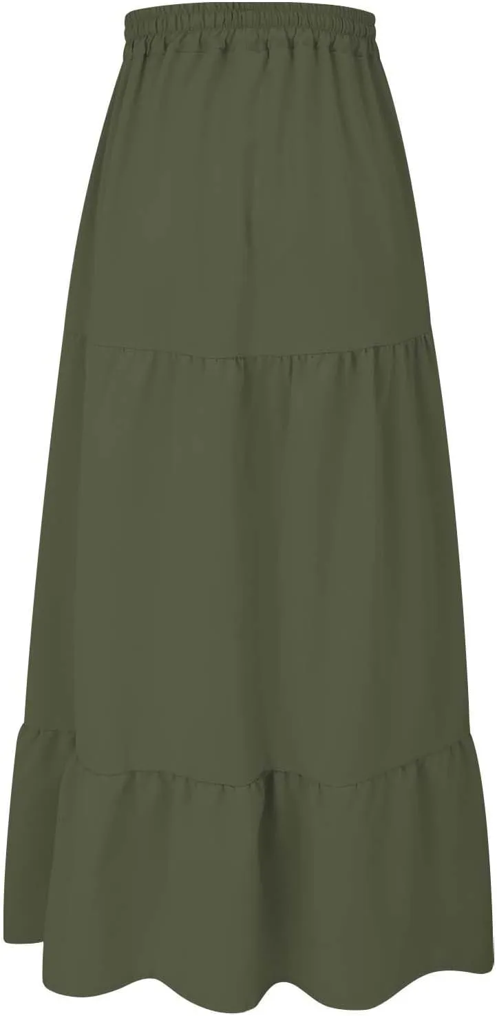 Maxi Skirt for Women Slit Hem Elastic High Waist Solid Color A Line Boho Flowy Trendy Loose Casual Summer 2025