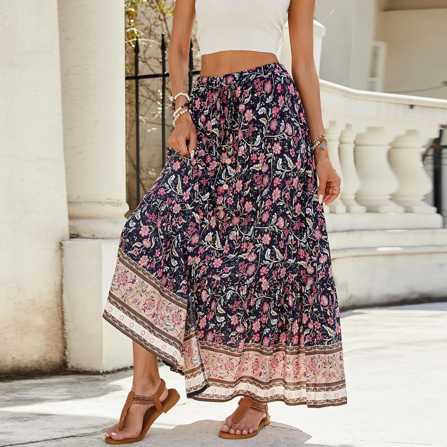 Maxi Skirts for Women 2025 Boho Floral Elastic High Waist Tiered Pleated Skirt Button Down Drawstring Flowy Skirts with Slit