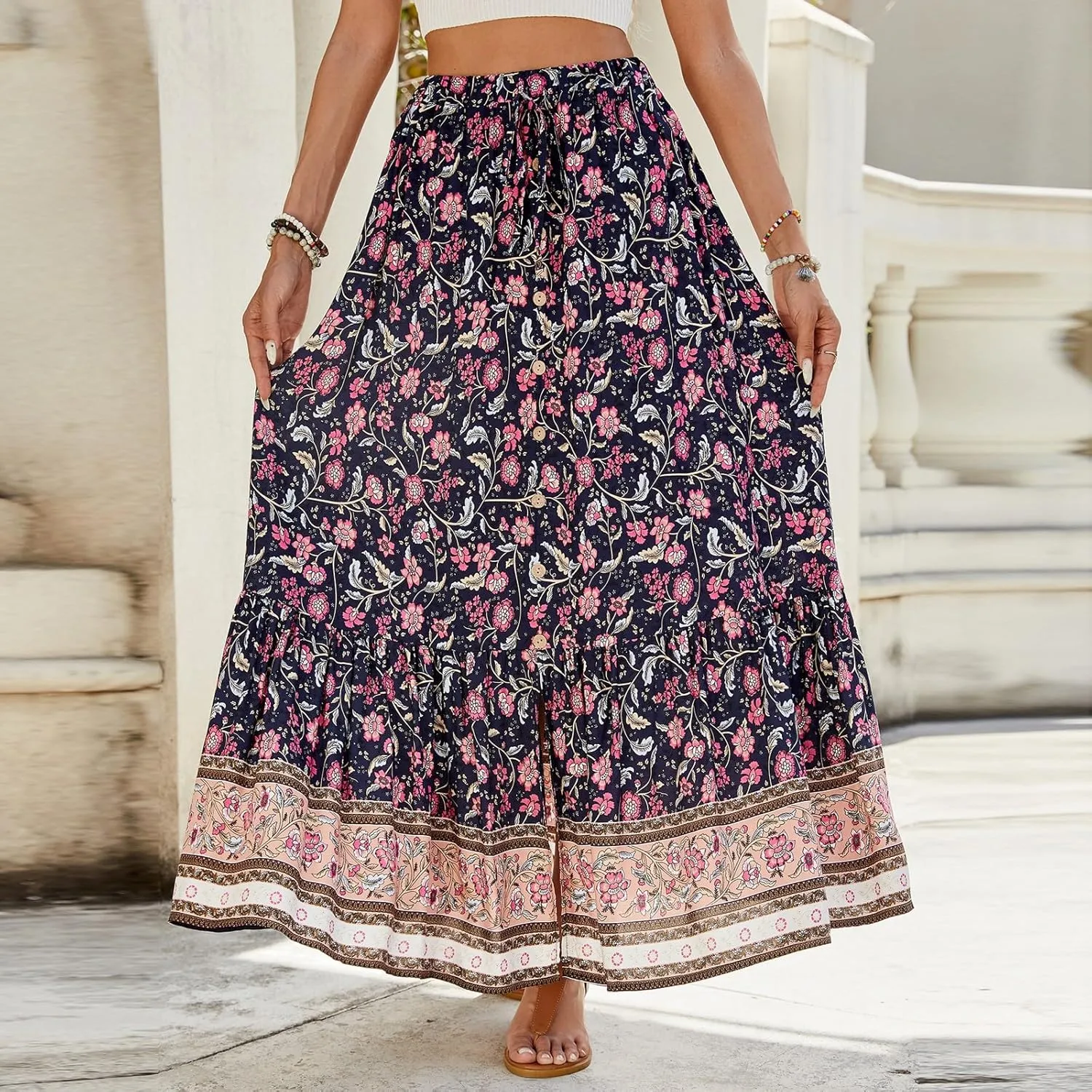 Maxi Skirts for Women 2025 Boho Floral Elastic High Waist Tiered Pleated Skirt Button Down Drawstring Flowy Skirts with Slit