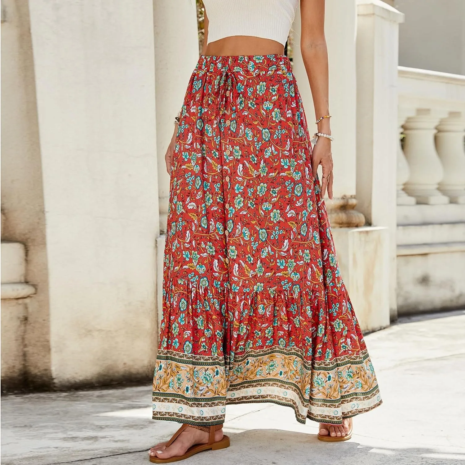 Maxi Skirts for Women 2025 Elastic High Waist Boho Floral Tiered Pleated Skirt Button Down Drawstring Flowy Skirts with Slit