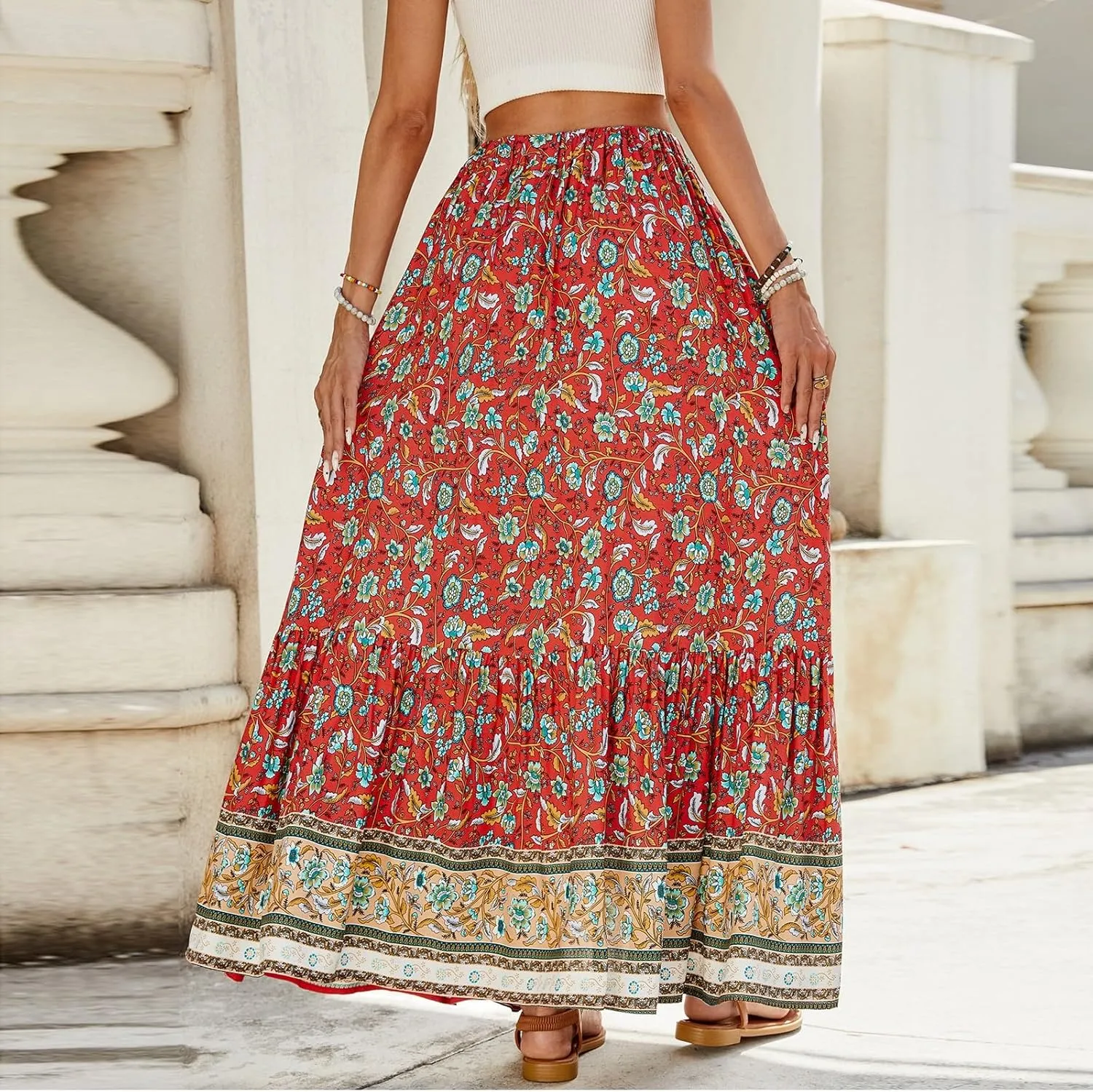 Maxi Skirts for Women 2025 Elastic High Waist Boho Floral Tiered Pleated Skirt Button Down Drawstring Flowy Skirts with Slit