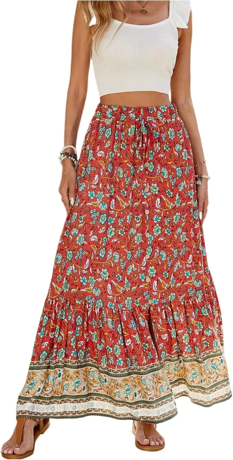 Maxi Skirts for Women 2025 Elastic High Waist Boho Floral Tiered Pleated Skirt Button Down Drawstring Flowy Skirts with Slit