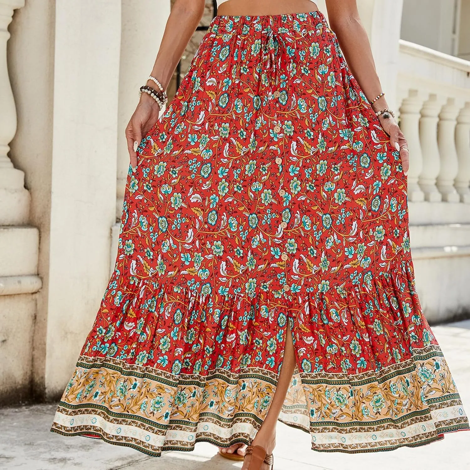 Maxi Skirts for Women 2025 Elastic High Waist Boho Floral Tiered Pleated Skirt Button Down Drawstring Flowy Skirts with Slit