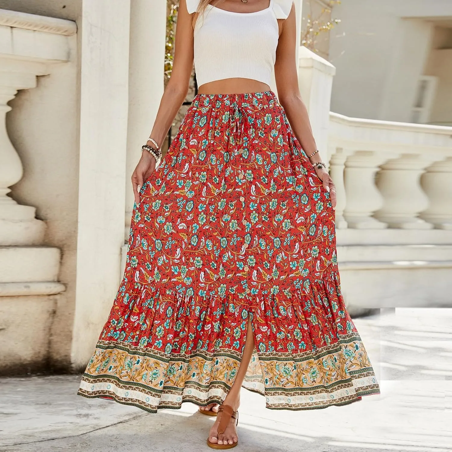 Maxi Skirts for Women 2025 Elastic High Waist Boho Floral Tiered Pleated Skirt Button Down Drawstring Flowy Skirts with Slit