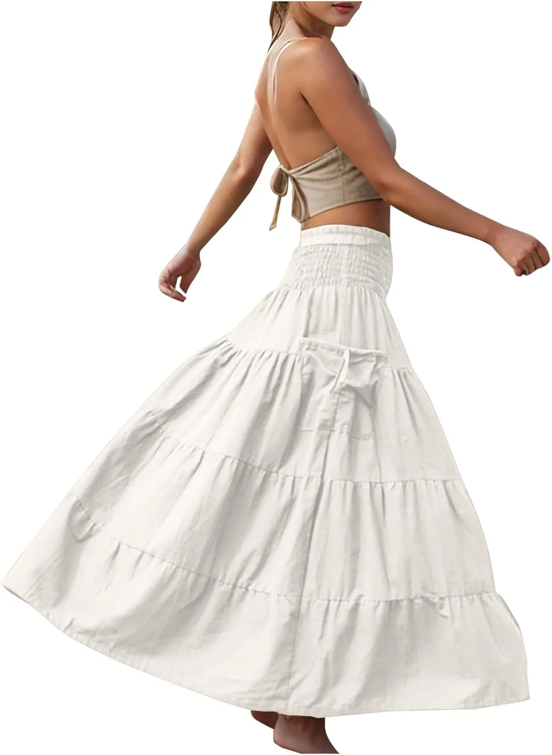 Maxi Skirts for Women Elastic High Waist Tiered A-Line Pleated Long Skirt Summer Flowy Swing Boho Solid Beach Clothes