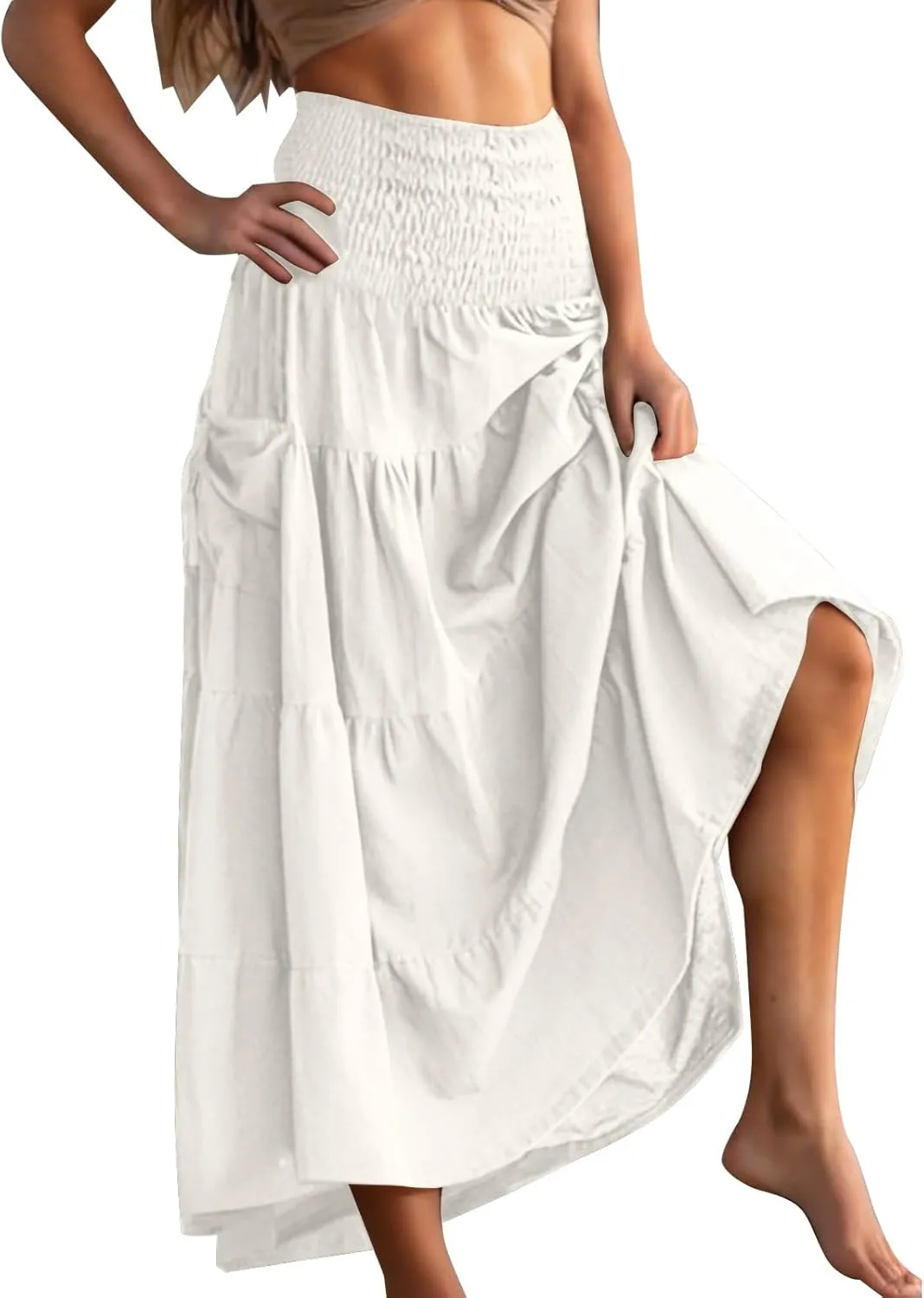 Maxi Skirts for Women Elastic High Waist Tiered A-Line Pleated Long Skirt Summer Flowy Swing Boho Solid Beach Clothes